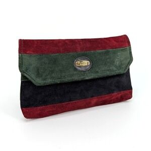 Italian Suede Clutch Bag Tri-Color Burgundy Green Black